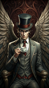 Lonely man drinking coffee wearing suit and top hat with wings on black background, inspired by gothic and dark medieval style.