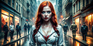 beauty with Red Hair, uniform, horror, poster art, street, nubile body, Reflection, rhenium