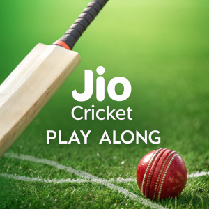 Advertisement for Jio Cricket Play Along. Bright green background, cricket ball and bat in the foreground, Jio logo and play along text prominently displayed