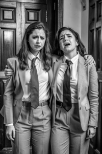 Two very slightly plump adult women emerge from a headmasters study sobbing and very sore poteriors having just been soundly spanked. they are dressed in pocketless extremely tight beige flared trousers, stretched tightly across her big very voluptuos posteriors and wide hips. , a white shirt, tie  and a burgundy blazer. . Full length Photo