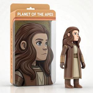 Customizable Planet of the Apes toy figure, detailed depiction of a female ape with flowing brown hair and attire, shown within packaging that highlights product name and design