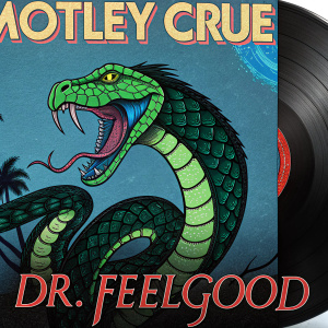 Mötley Crüe's 'Dr. Feelgood' album cover. Vibrant green and blue snake-themed artwork. Band name in bold letters at the top. Visible record label logo on the side.