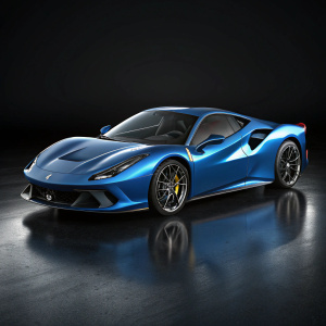 Digital 3D rendering of a sleek blue Ferrari F8 Tributo on a matte black background.