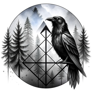 vegvisir runes geometric symbol - raven and trees - tattoo design - perfect realistic art - high-definition - grey and black - white background 