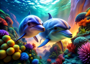 Underwater landscape with two dolphins 3D 4K ultra realistic super detailed vivid colors in detailed closeup with text "ADM"