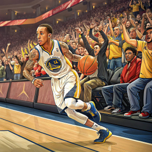 Monta Ellis mid-dribble at a packed basketball arena. Crowd cheering, colorful arena seating visible in background.