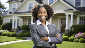 Confident african American women real estate agent stands proudly outside a modern home, radiating expertise and approachability, ready to assist potential house buyers