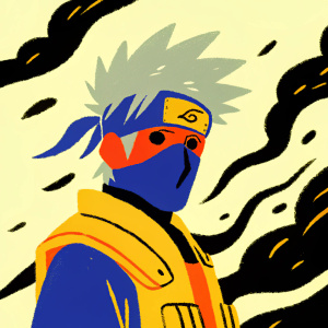 Digital artwork featuring Kakashi Hatake, ninja from the Naruto series. Gray hair and red sharingan eye visible. Abstract, dark background with swirling patterns