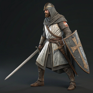A detailed 3D model of a medieval knight. Male Crusader-style warrior, with beard and hooded cloak, wielding a long sword. Dark background, focusing on armor textures and lighting.