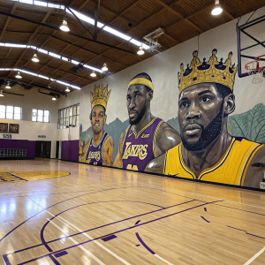 Iconic basketball court mural. Featuring LA Lakers players. Central figure adorned with a crown. Hardwood floor, three-point lines, mid-court circle. Beams, skylights, vents.