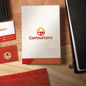 Design mockup showcasing CanttoUrbano's branding. Includes a white folder, business card, and black notebook. Modern minimalistic design. Color palette of white, orange, and black.