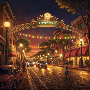 A bustling night scene in Little Italy, San Diego. Neon lights and warm street lamps illuminate the avenue. Cars, pedestrians, and restaurants line the charming cobblestone street under the iconic 'Little Italy' archway.