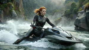 Scarlett Johansson The Black Widow from Marvel in a see-through dress rides a jet ski of the future down a river