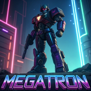 Digital art of Megatron, standing menacingly. Vibrant colors including dark blue and neon accents. 'Megatron' is written beneath. Rendered with advanced software.