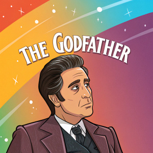 Cartoon depiction of Michael Corleone. White text overlay reads 'The Godfather'. Brightly colored background with vibrant hues.
