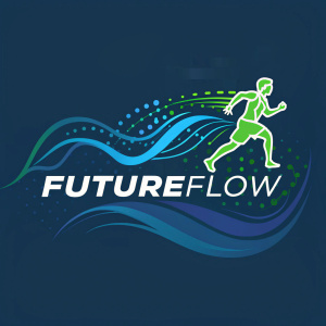 Logo for FutureFlow. Design: Dynamic blend of blue and green hues, abstract flow shapes, sleek font. Contemporary aesthetic.