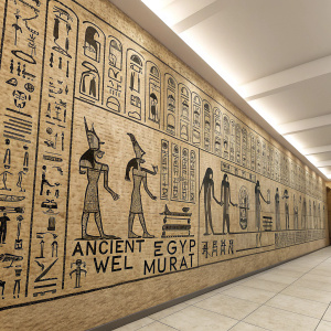 An ancient Egyptian wall mural with intricate hieroglyphs and figures. The inscriptions are in black ink on a beige, rough surface. Packed tightly together, the symbols are simple and flat, with an emphasis on line art.