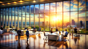 Blurred business office interior with panoramic windows and beautiful lighting with businesspeople