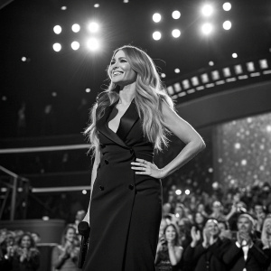Sofia Vergara on stage at award show. Black and white tuxedo styled dress, long blonde hair. Crowd cheering