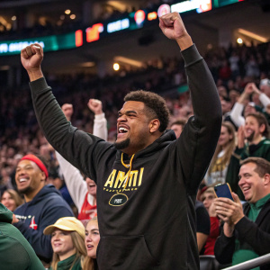 Arik Armstead, in an AMIRI hoodie, celebrating victory at the arena. Throngs of excited fans, diverse crowd cheering loudly