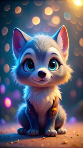 lobo estilo chibi de Disney, fotografía macro extrema, fondo ejecutando un suave efecto bokeh, utilizando una paleta de colores pastel enriquecida con una técnica de aerógrafo suave de O.f.a.X, composición compleja y ultra detallada, presentada en ultra HD 4k, complementada con una luz cinematográfica, cálida y vibrante.