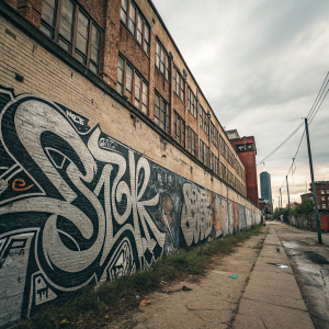 A large wall in a gritty urban neighborhood covered in intricate black and grey graffiti. The piece features fluid lines and bold, stylized letters creating dynamic shapes and patterns.