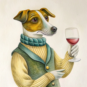 a dog drinking wine 