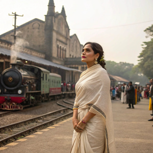 Richa Chadda standing in front of an old railway station, wearing a traditional saree. Background has vintage trains and bustling crowd.