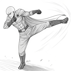 Flat, line-art sketch of Saitama from One Punch Man series. Character depicted in dynamic mid-kick stance.