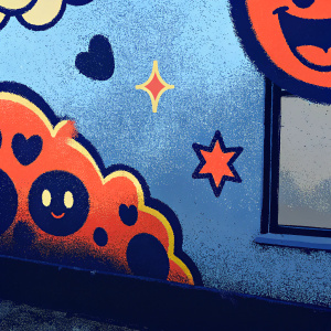 Cartoony graffiti mural. Colorful, whimsical. Blue sky background with playful symbols and illustrations.