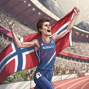 Jakob Ingebrigtsen celebrating victory at Tokyo Olympics, beaming with joy, clad in blue athletic jersey adorned with 'NORWAY' and Norway's national flag. Surrounded by cheering crowd in Olympic stadium.