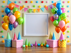 Party festive birthday photo zone with colorful balloons. copy space for text