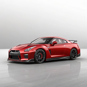 Illustration of a sleek red Nissan GTR R35 on a minimalist gray background.