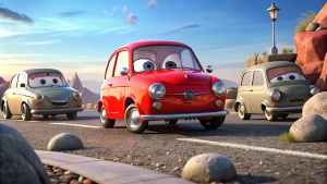 Un grupo de autos y  un Fiat 600 de juguete de color rojo, con los ojos,  parachoques plateados y ruedas negras, en la carretera hay piedras grandes .  Disney Pixar 3D