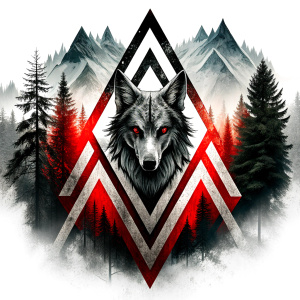 valknut runes pattern geometric symbols - wolf and trees - tattoo design - perfect realistic art - high-definition - grey and black - white background 