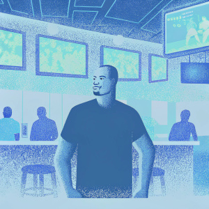 Adrian Peterson, former Minnesota Vikings player, in a casual black t-shirt, at an indoor sports bar event.