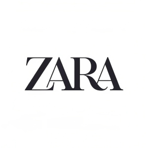 Modern flat design logo. ZARA in bold sans serif font, black text against white background. Clean, simple, and distinctive.