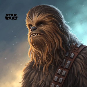 Illustration of Chewbacca from Star Wars. Detailed fur texture, facial expression, gradient background. Star Wars logo visible