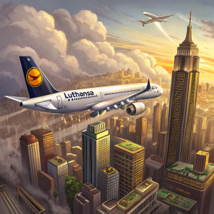 A Lufthansa Airbus A320neo taking off over a bustling cityscape. The aircraft sports the prominent Lufthansa logo.
