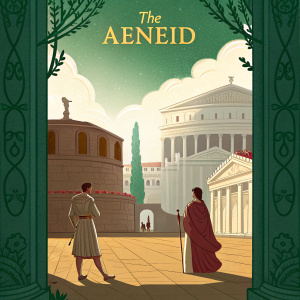 Cover art for 'The Aeneid'. Green backdrop. Illustration of ancient roman architecture and characters. Title in bold, golden letters.