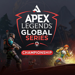 Website homepage for Apex Legends Global Series Championship. Dark background, vibrant icons, bold font, and dynamic graphics. Registration details and confirmed participants prominently displayed.