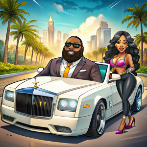Cartoon art style Rick Ross white shirt, white sneakers ridding Rolls Royce in Miami with 1sexy black women with belair