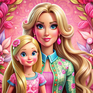 muñeca barbie mama cuerpo completo con su hija con el fondo rosa