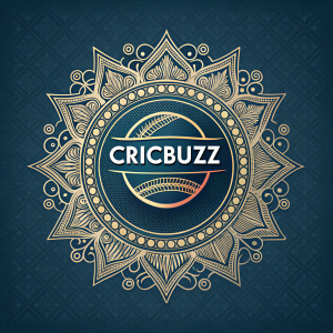 The Cricbuzz logo, a digital emblem for a cricket event, takes center stage. Surrounded by intricate designs and ornate borders.