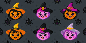 Cartoon witches in 90s Halloween hats. Witches' faces with different emotions. Scary stickers in cartoon retro style.