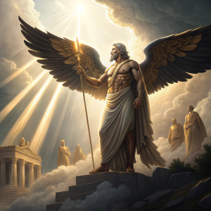 Hyper-realistic painting of Zeus, powerful deity with eagle wings, surrounded by ancient Greek statues and flowing clouds. Bright sun rays casting intense light, creating dramatic shadows and glowing highlights