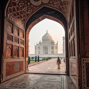 Intricately carved entrance leading to the Taj Mahal in India. An invitation to explore 'The Indian Escape' where travelers can create their own odyssey.