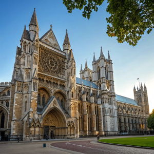 Westminster Abbey, an iconic historical structure in London, England. Towering spires, pointed arches, intricate stone details. Clear blue sky above, brown and gray stone facade