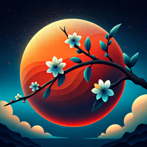 branch with a few single cherry blossoms dark and powerful in front of an orange-red sun in a dark atmosphere