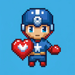 pixel art captain america with hert. blue background